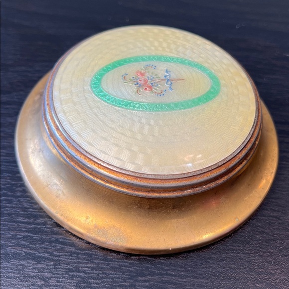Antique Guilloche Enamel Floral Bouquet Brass Vanity Powder Box Jewelry Box - Picture 6 of 12